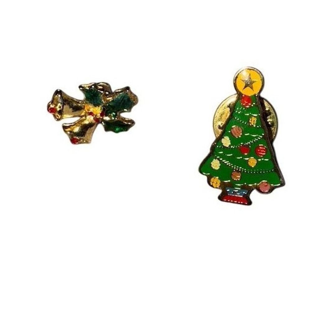 Vintage US Army Christmas Tree & Angel Lapel Pin Set Multicolor holiday military